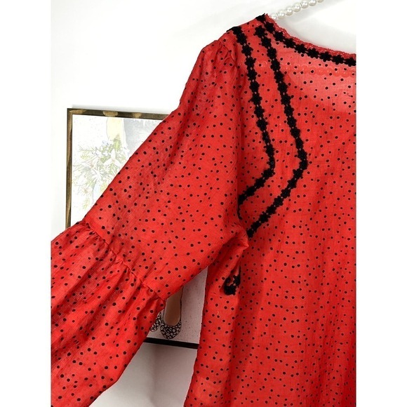 Free People Red Sheer Blouse with Black Polka Dots SZ M - Picture 5 of 11